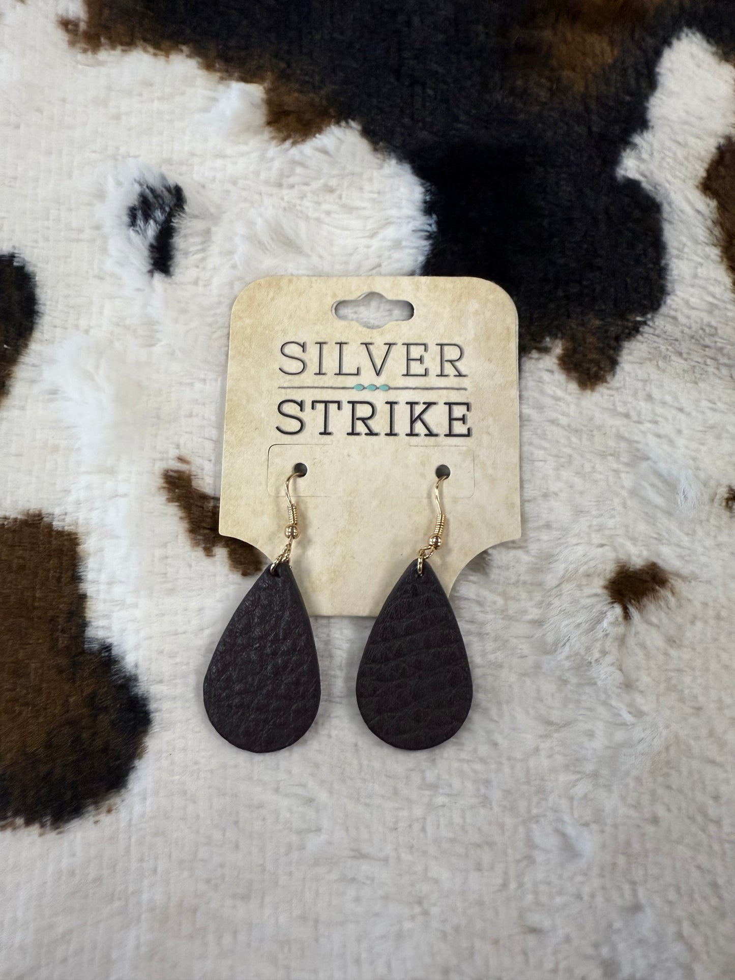 Silver Strike Black Leather Earrings
