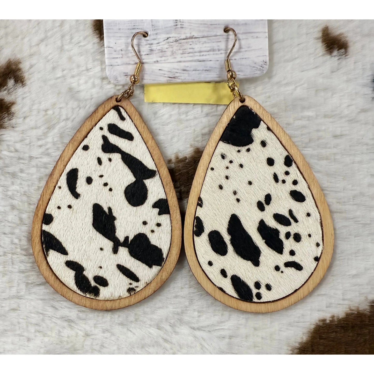 Cowhide Wood Dangle Earrings