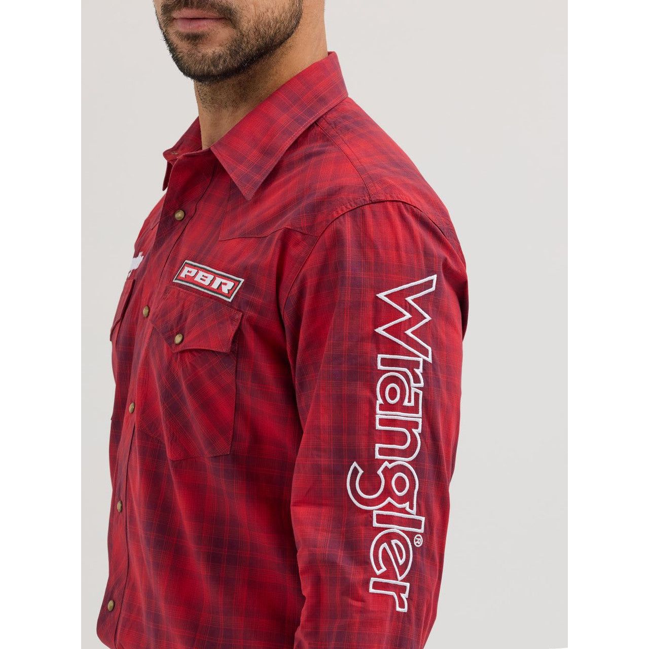 Wrangler Mens PBR Logo Cherry Red Plaid Print Shirt