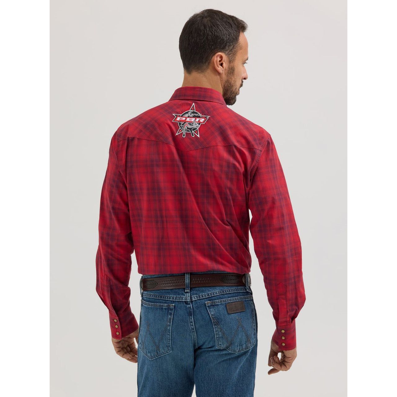 Wrangler Mens PBR Logo Cherry Red Plaid Print Shirt