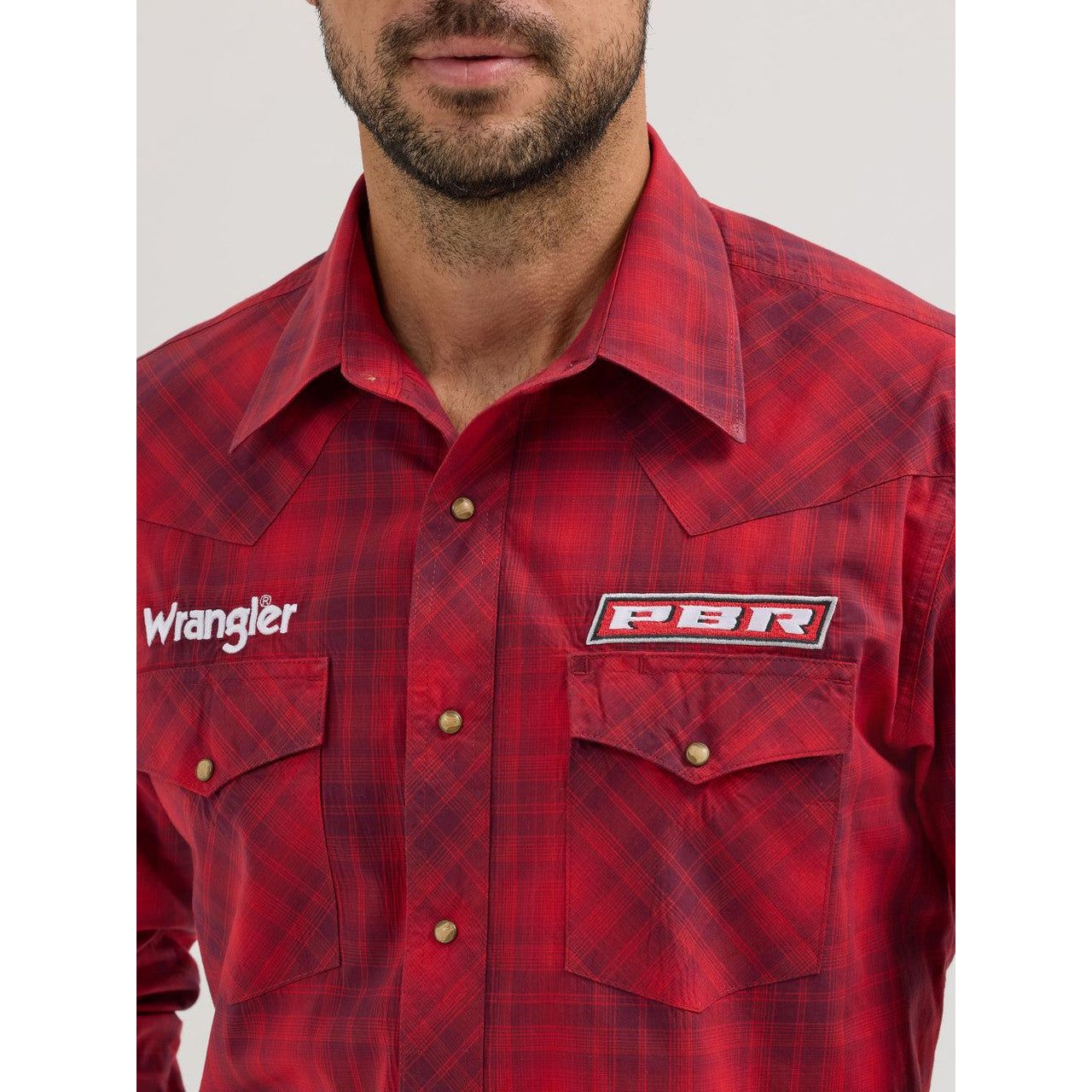 Wrangler Mens PBR Logo Cherry Red Plaid Print Shirt