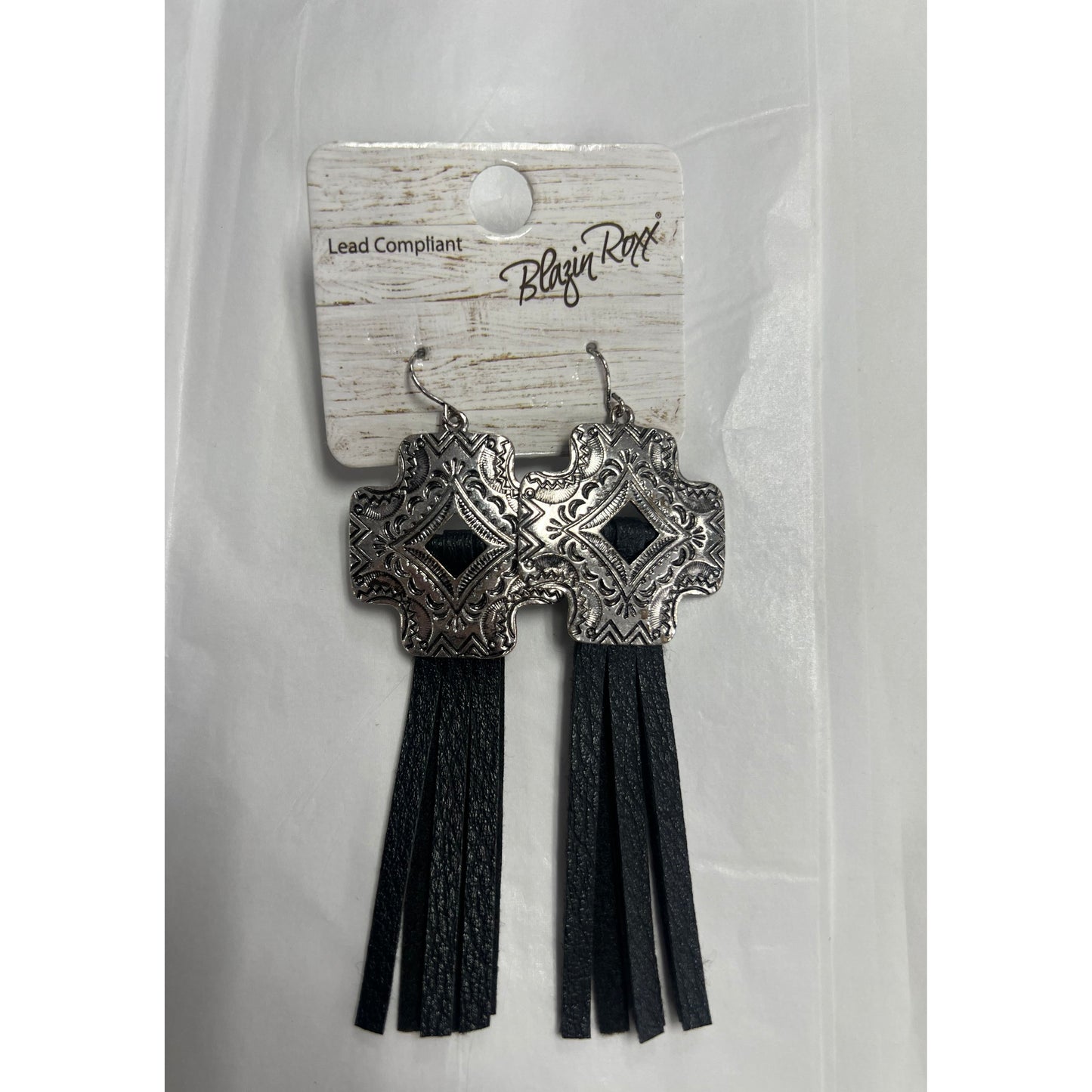 Blazin Roxx Silver Cross Concho, Black Tassel Earings