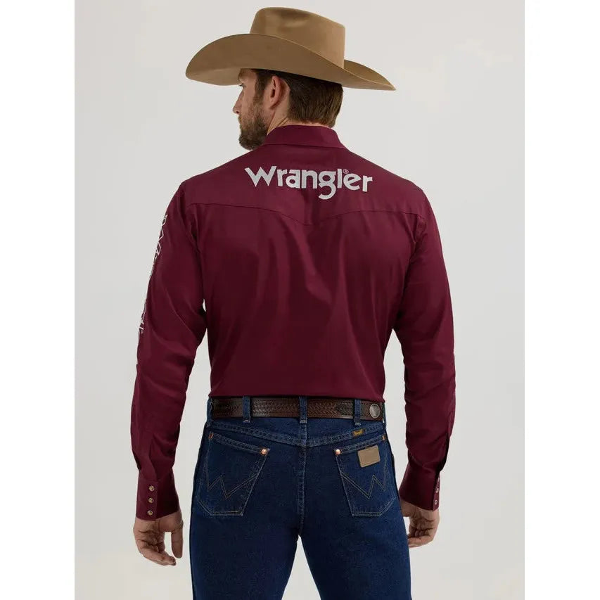 Wrangler Mens Burgandy Logo Long Sleeve Western Shirt