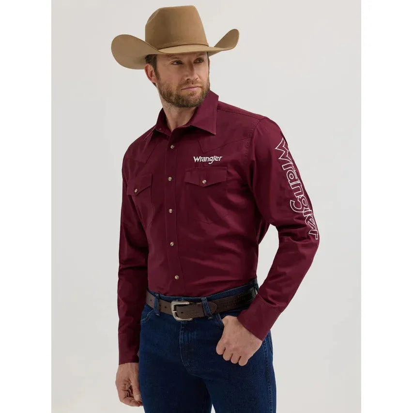Wrangler Mens Burgandy Logo Long Sleeve Western Shirt