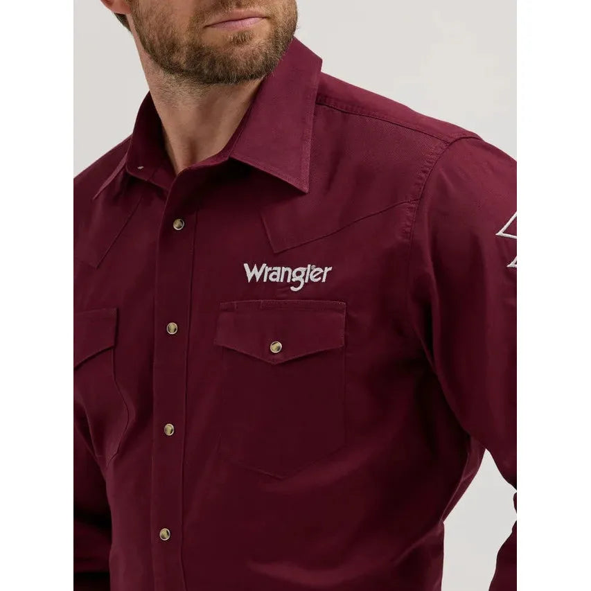 Wrangler Mens Burgandy Logo Long Sleeve Western Shirt