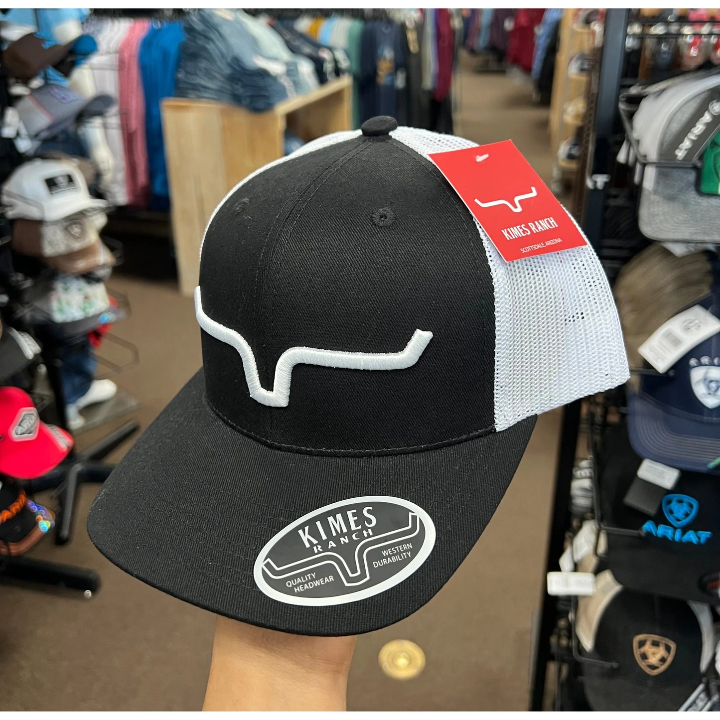 KIMES RANCH WEEKLY TRUCKER CAP (BLACK AND WHITE)