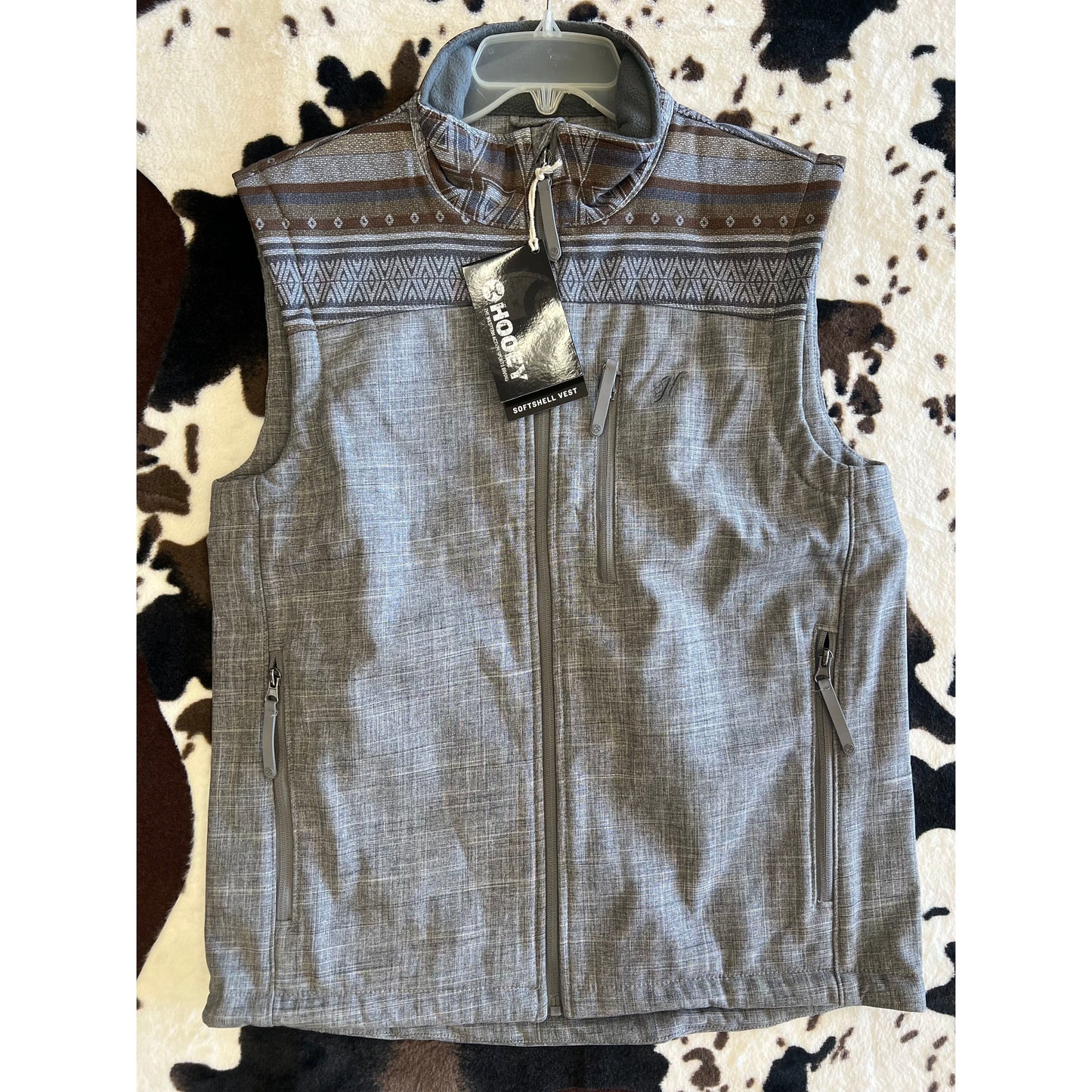 Hooey Men's Softshell Vest, Grey Full Zip Body with Brown/Tan Aztec Pattern Yoke