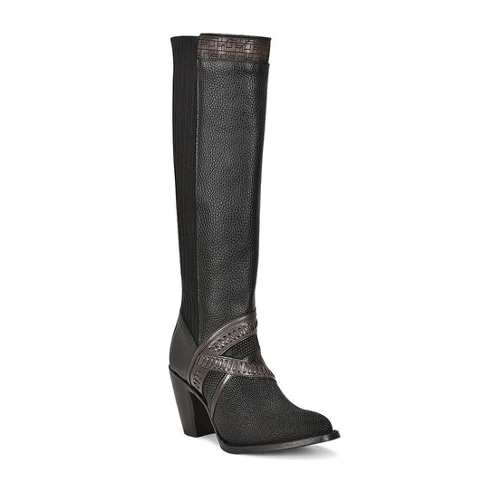 Women's Cuadra Black Stingray with Hand Woven Details Tall Boot