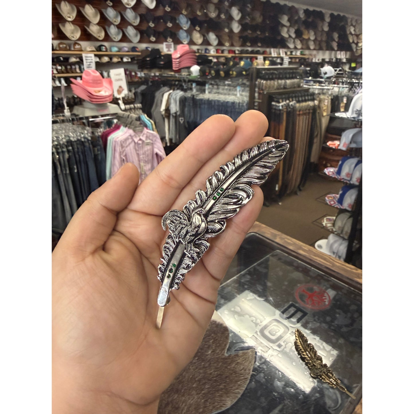 Silver Rooster & Green Accents Hat Feather