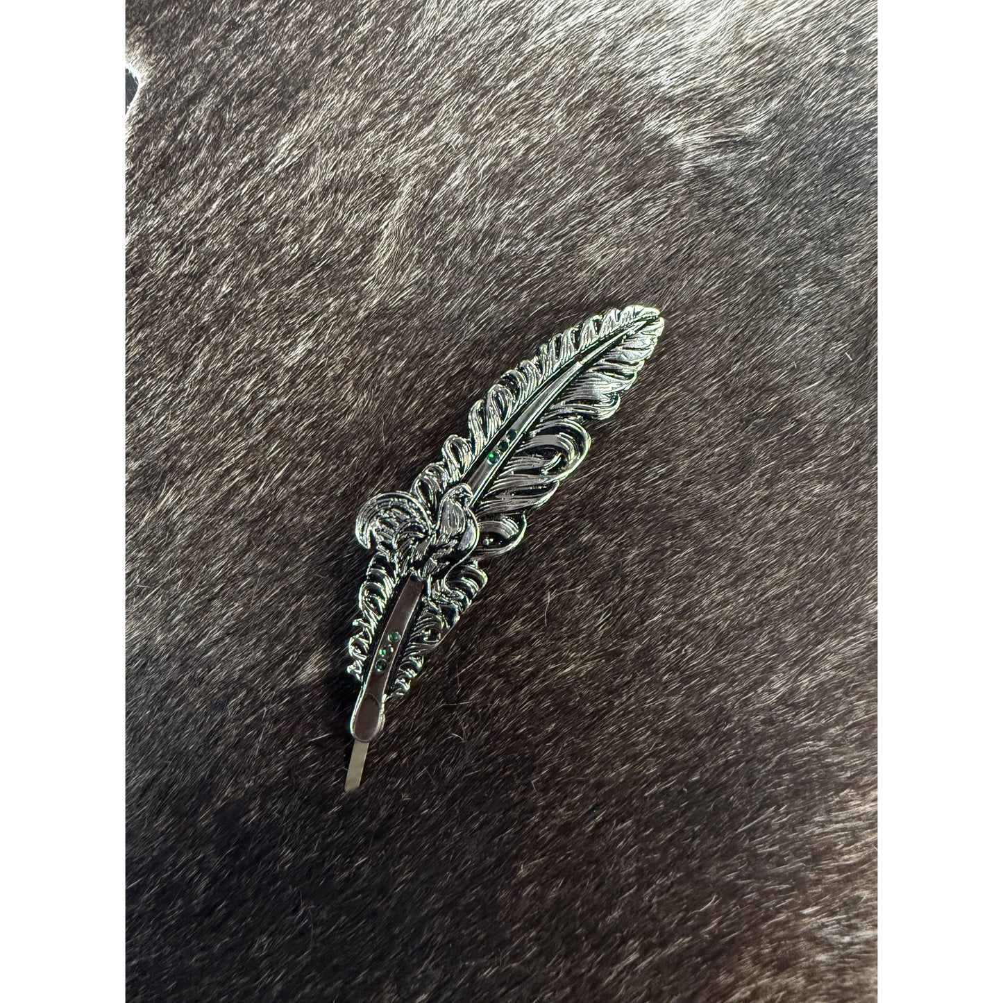 Silver Rooster & Green Accents Hat Feather