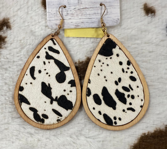 Cowhide Wood Dangle Earrings