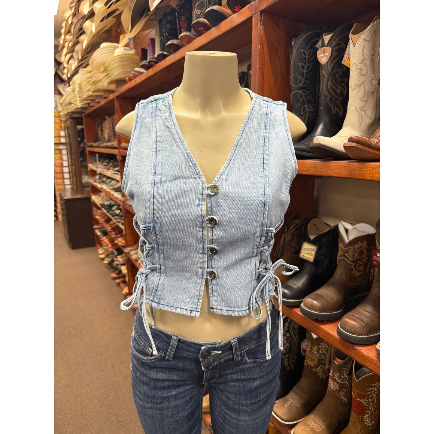 Wisteria Lane Women Light Blue Denim Corset Top