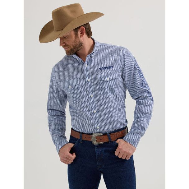 Wrangler Mens Logo Navy Honeycomb Western Shirt