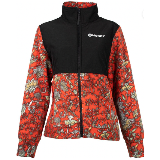Hooey Ladies Tech Fleece Jacket, Red Floral Pattern, Black