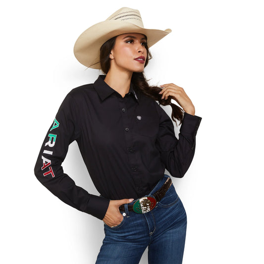 Ariat Women's Team Kirby Long Sleeve Shirt, Black with Mexico Flag Embroidery