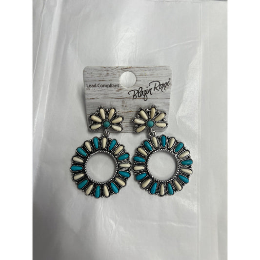 Blazin Roxx Ivory/Turquoise Stones Round Drop Earrings